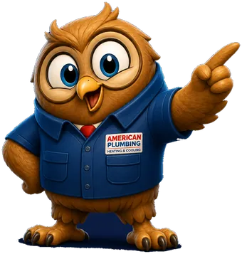 American PHC owl mascot in technician uniform pointing at the service request form